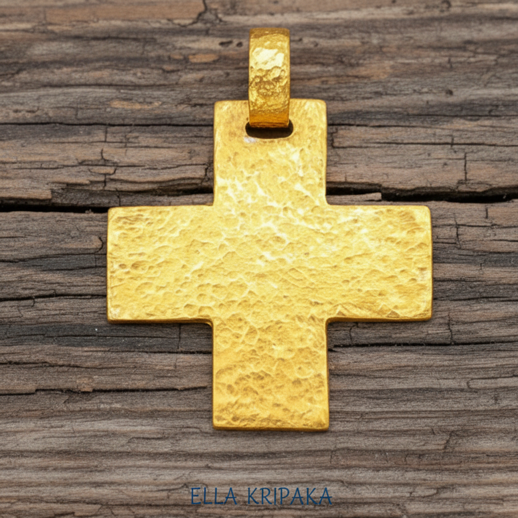 Hammered 24k 9999 gold textured cross pendant on rustic wooden surface, branding artist name 'Ella Kripaka'