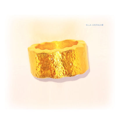 Custom Solid 24k 9999 Gold 42g Hammered Organic Wavy Ring Durable Not Hollow Inside, Wide 10mm Thick 3.5mm