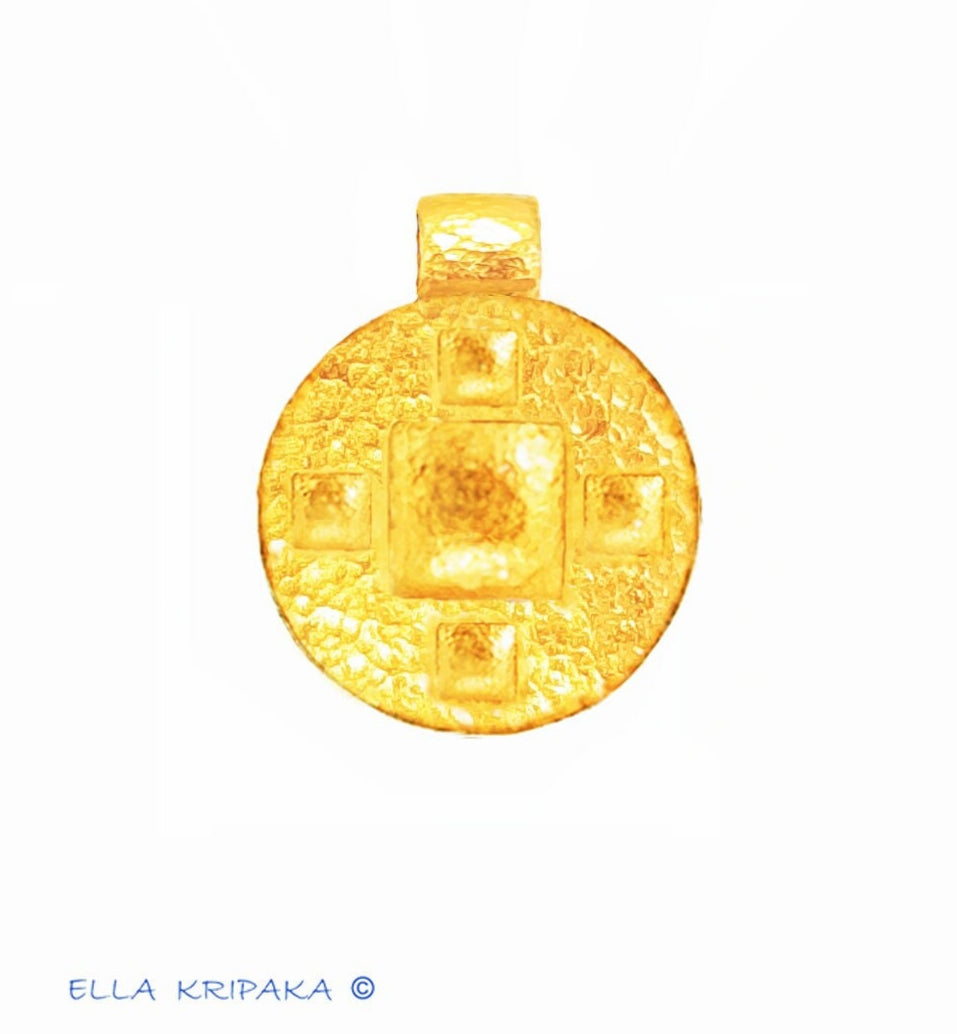 Custom Solid 24k 9999 Gold 9g and 25g, Hammered Byzantine Empire Convex Pattern Disk Pendant Durable, Length 35mm and 56mm