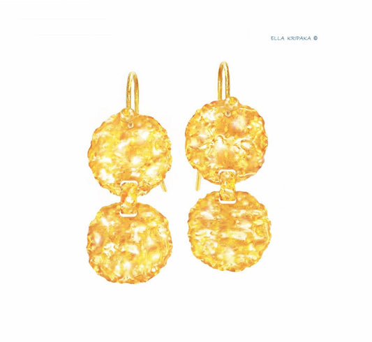 Custom Solid 9999 24k Gold 11.5g and 19g Hammered Organic Uneven Wavy Disks Earrings, Length 48mm and 60mm Earrings