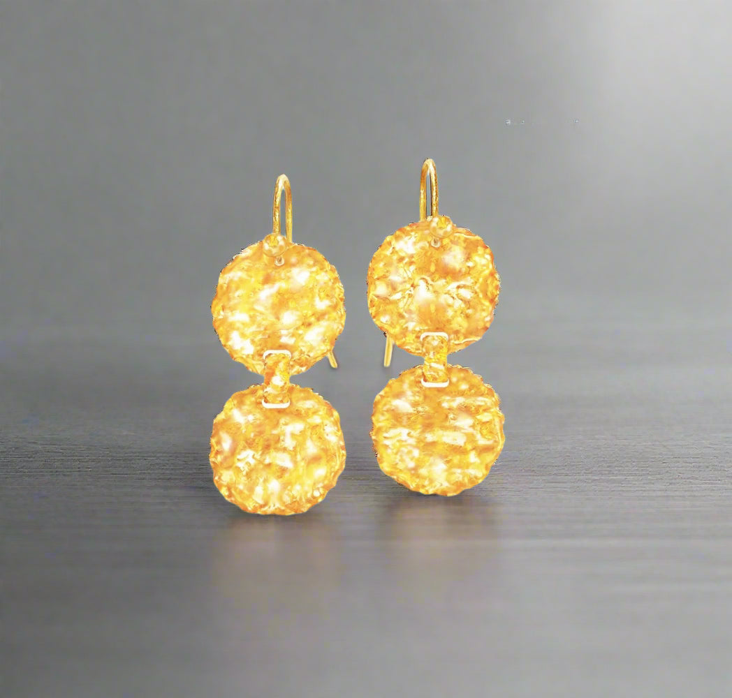 Custom Solid 9999 24k Gold 11.5g and 19g Hammered Organic Uneven Wavy Disks Earrings, Length 48mm and 60mm Earrings