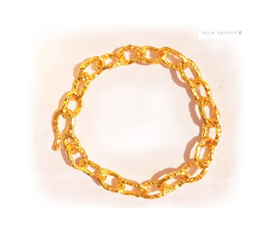 Custom Solid 24k 9999 Gold 46g, Hammered Organic Uneven Chain Bracelet Durable, Link Wide 8.5mm Thick Hook Clasp