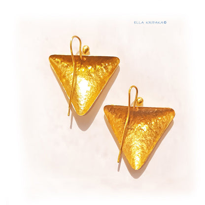 Custom Solid 24K 9999 Gold, 9g and 26g, Dome Hammered Triangles Ancient Greece Ancient Rome Earrings, 35mm and 50mm