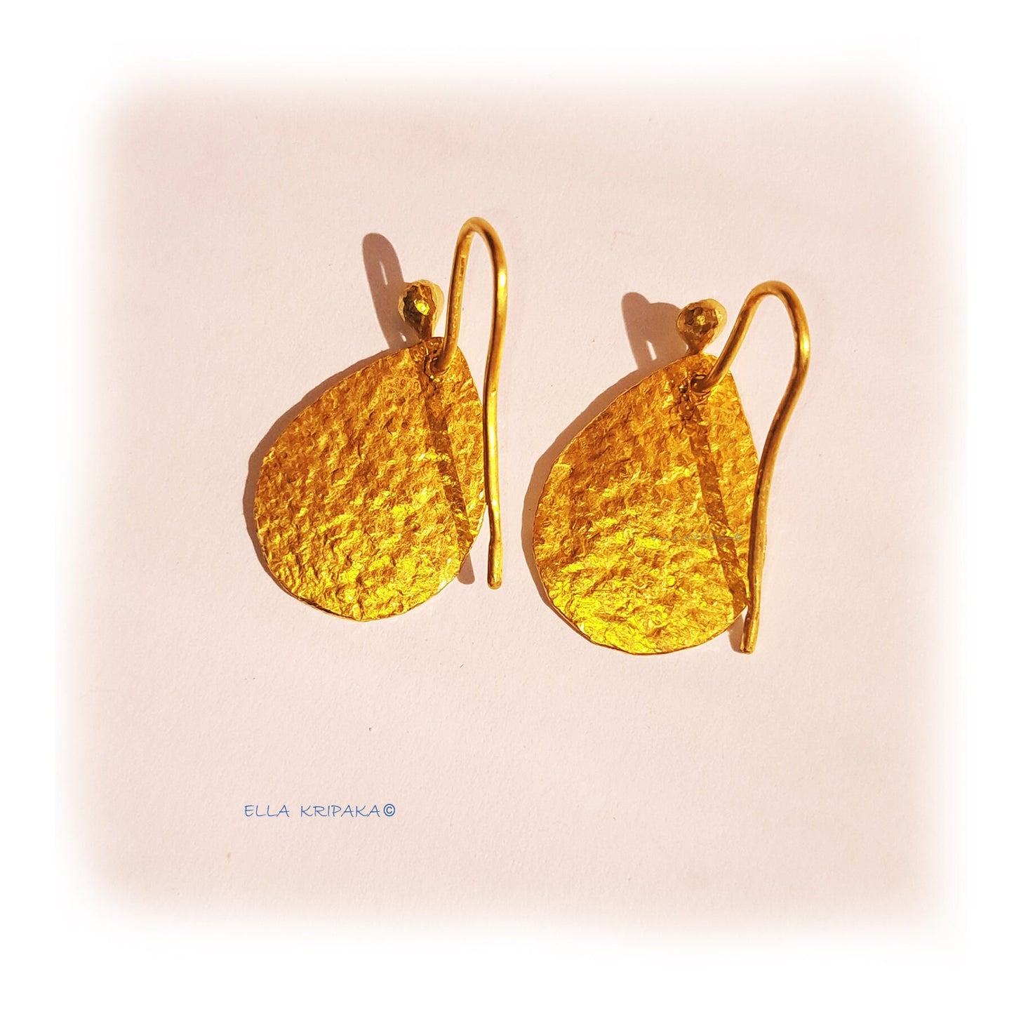 Custom Solid 24K 9999 Gold, 5.8g and 8.8g, Hammered Drop Earrings, 30mm and 36mm