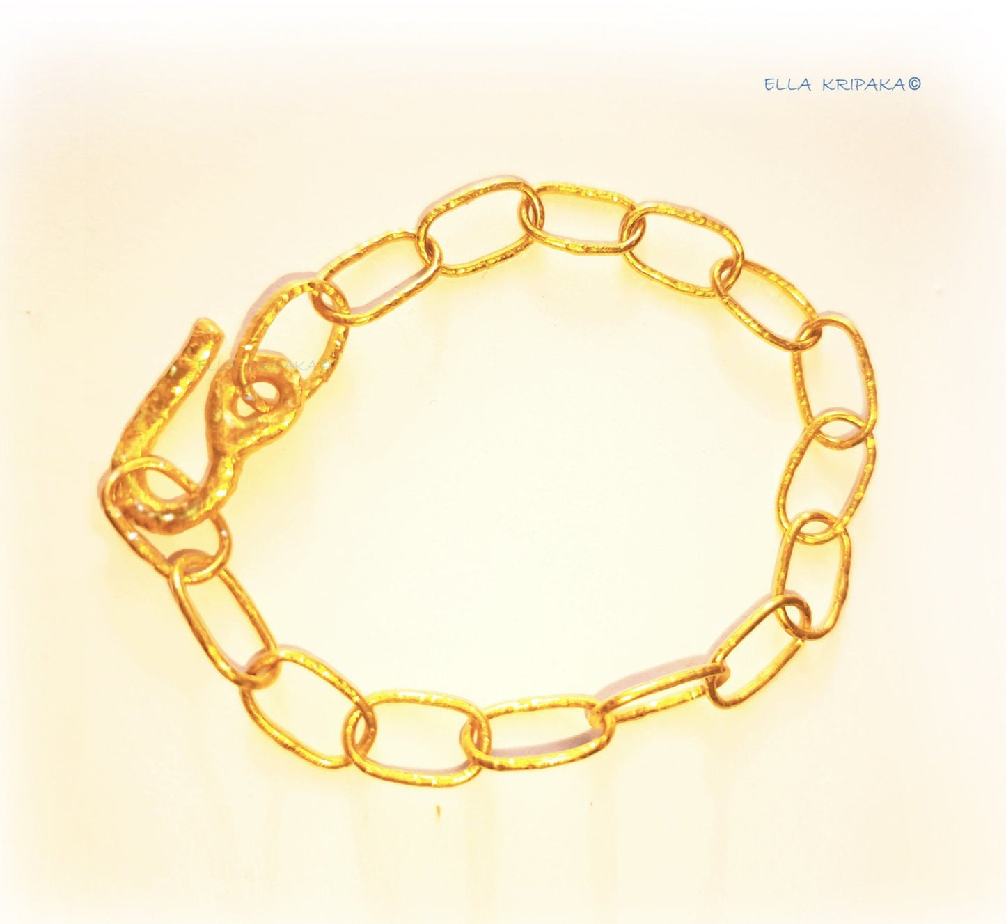 Custom Solid 22k 92.5% Gold 11.2g Hammered Chain Bracelet Durable, Link Wide 7mm Thick Hook Clasp