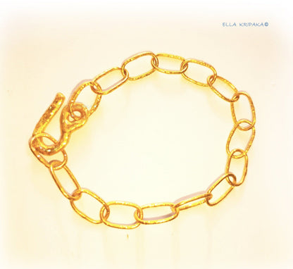 Custom Solid 22k 92.5% Gold 11.2g Hammered Chain Bracelet Durable, Link Wide 7mm Thick Hook Clasp