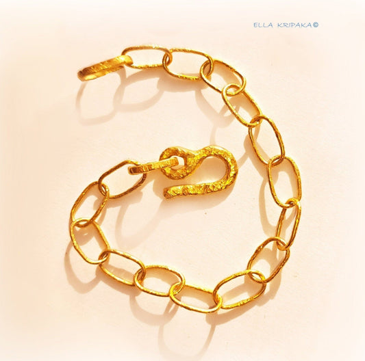 Custom Solid 22k 92.5% Gold 11.2g Hammered Chain Bracelet Durable, Link Wide 7mm Thick Hook Clasp