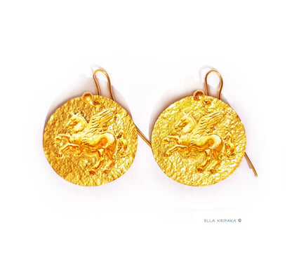 Custom Solid 24K 9999 Gold, 10g and 30g, Hammered Geometric Convex Pegasus Earrings Ancient Greece Ancient Rome, Length 35mm and 55mm