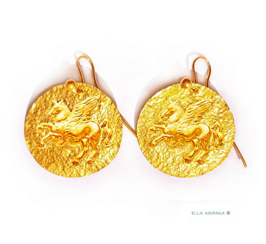 Hammered 24k 9999 Gold 10g &30g Pegasus Earrings Ancient Greece, 22k