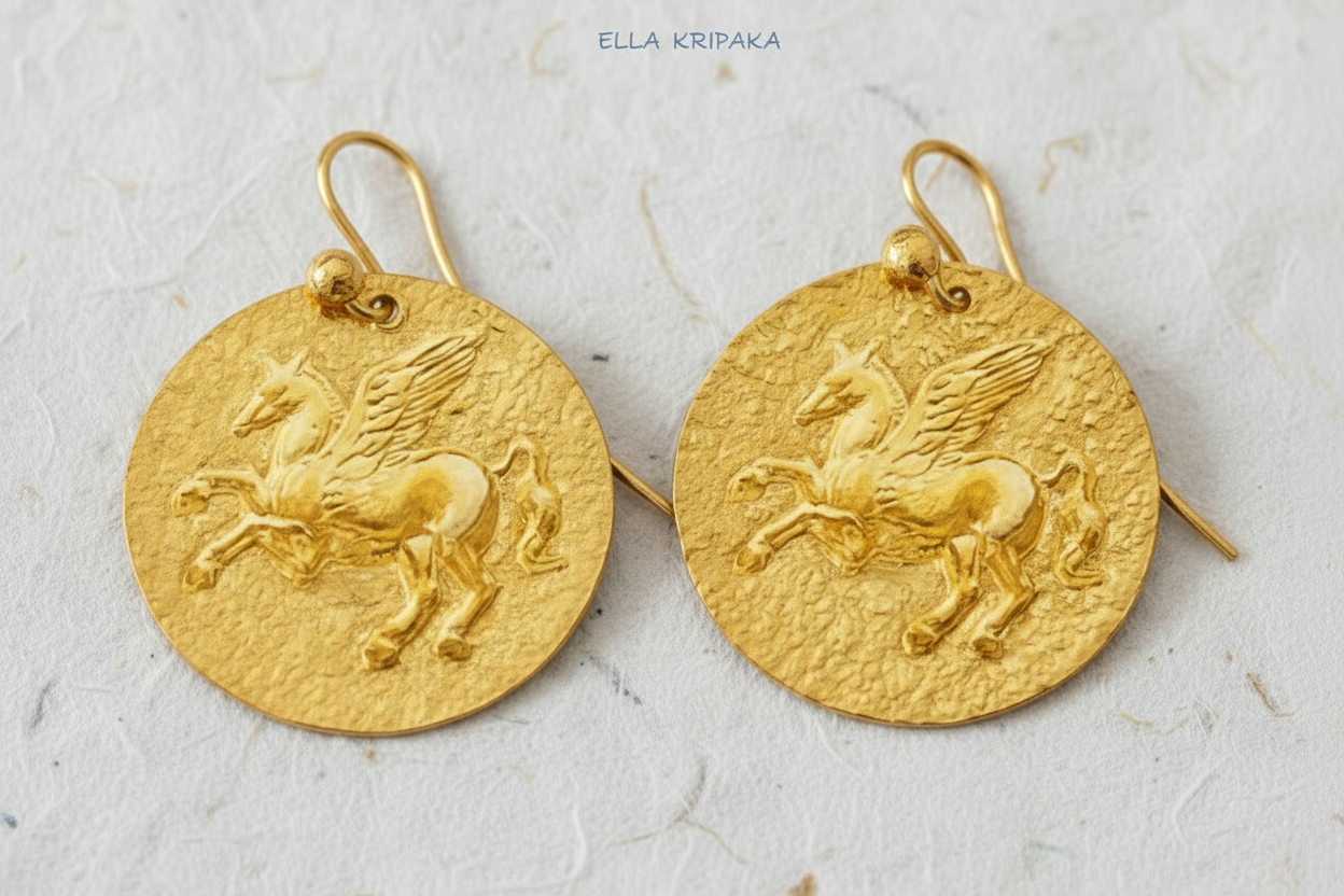 Hammered 24k Gold 9999 gold disk earrings with convex Pegasus and with forged textured gold on white craft paper background, branded artist's name 'Ella Kripaka' 