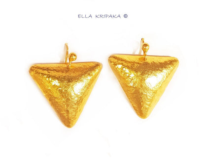 Custom Solid 24K 9999 Gold, 9g and 26g, Dome Hammered Triangles Ancient Greece Ancient Rome Earrings, 35mm and 50mm