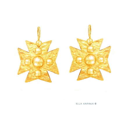Hammered 24k 9999 Gold 10g &28.5g Byzantine Cross Earrings Can 22k