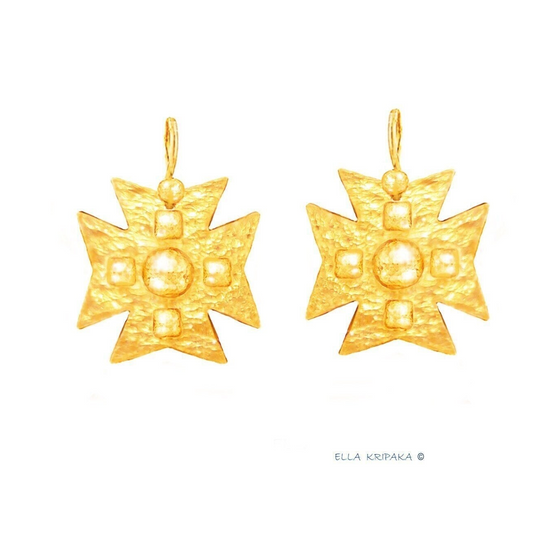 Hammered 24k 9999 Gold 10g &28.5g Byzantine Cross Earrings Can 22k