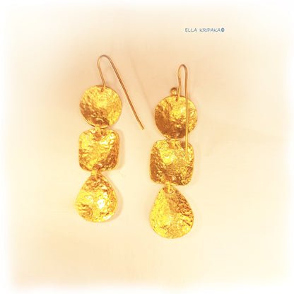 Custom Solid 9999 24k Gold 18g and 28g Hammered Byzantine Empire Convex Earrings, Length 60mm and 78mm