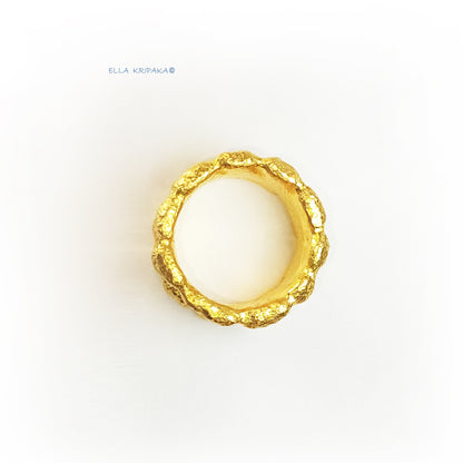 Custom Solid 24k 9999 Gold 21g Organic Uneven Wavy Hammered Ring Signet Durable Wide 15mm Thick 2.5mm Borders