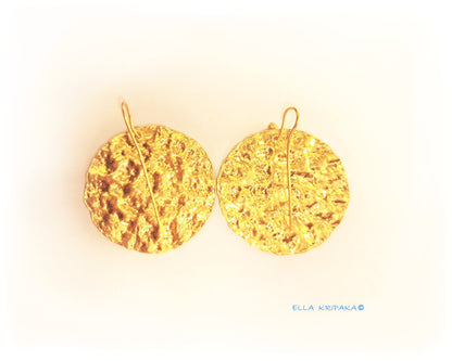 Custom Solid 24K 9999 Gold, 9g and 26g, Hammered Organic Wavy Uneven Disks Earrings, 35mm and 55mm