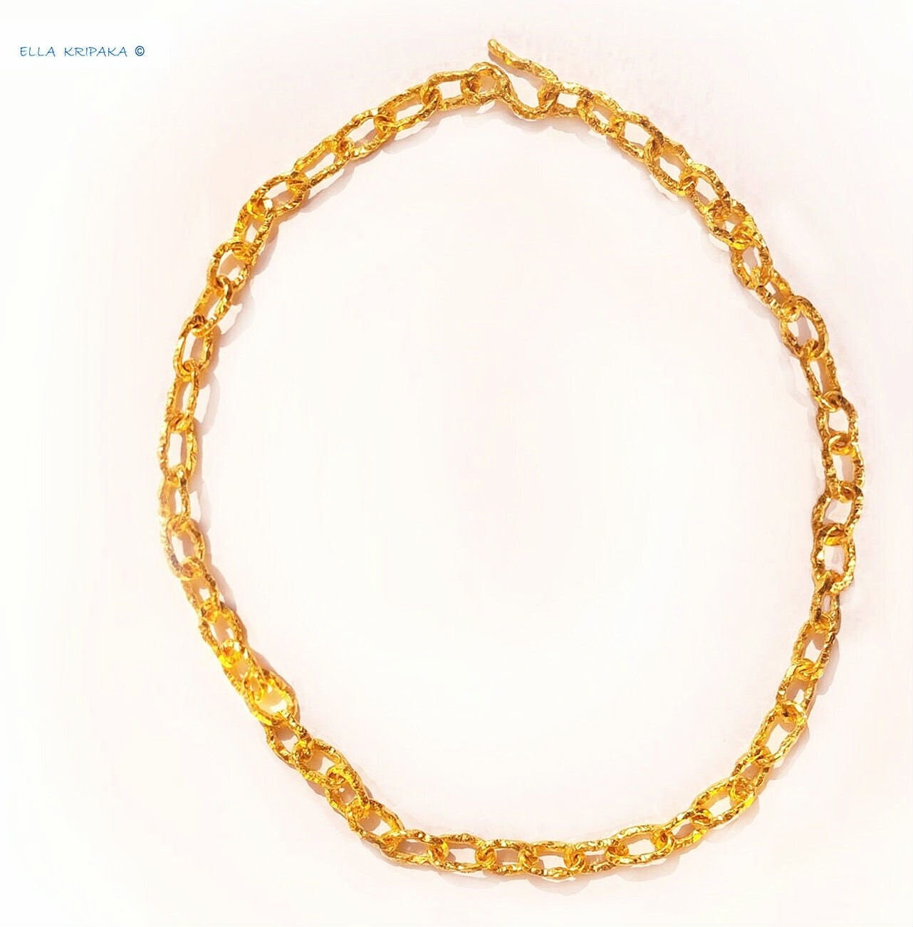 Custom Solid 24k 9999 Gold 130g, Hammered Organic Uneven Chain Necklace Durable, Link Wide 8.5mm Thick Hook Clasp