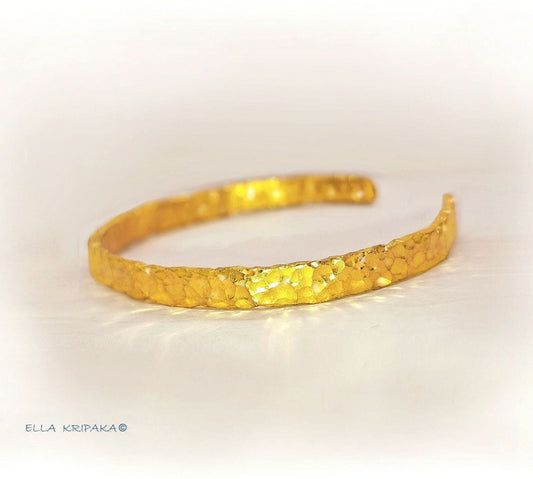 Custom Solid 24k 9999 Gold 64g Hammered Cuff Uneven Organic Bracelet Durable Wide 7.5mm Thick 2.5mm