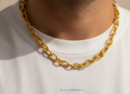 Hammered 24k 9999 gold organic necklace chain with hammered uneven textures worn by a person and on white background, artist name 'Ella Kripaka'