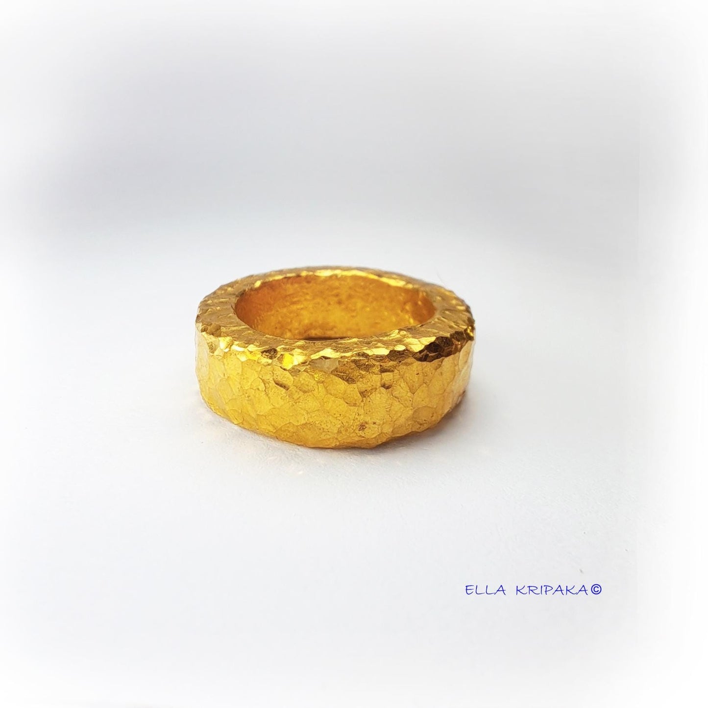 Custom Solid 24k 9999 Gold 15.5g Hammered Organic Uneven Ring Durable Wide 7mm Thick 3.5mm Hollow Inside Discount For 2