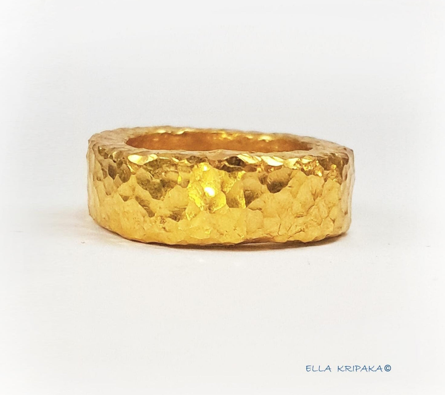 Custom Solid 24k 9999 Gold 15.5g Hammered Organic Uneven Ring Durable Wide 7mm Thick 3.5mm Hollow Inside Discount For 2