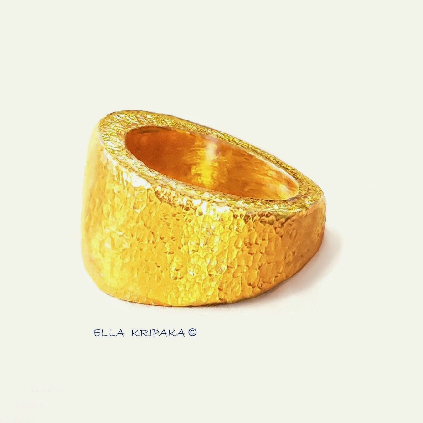 Custom Solid 24k 9999 Gold 35g Hammered Ancient Rome Ring Signet Durable Not Hollow Inside, Wide 20mm Thick 2mm