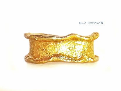 Custom Solid 24k 9999 Gold 24g Hammered Organic Uneven Thick Borders Ring Durable Wide 9mm