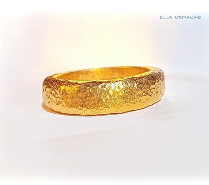 Custom Solid 24k 9999 Gold 21g Hammered Ancient Rome Ring Durable Not Hollow, Wide 6.5mm Thick 2.5mm