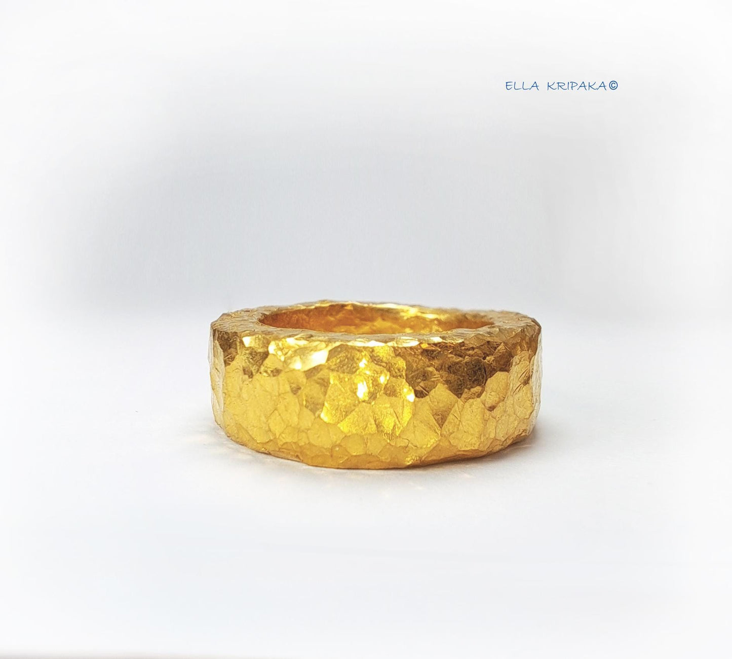 Custom Solid 24k 9999 Gold 15.5g Hammered Organic Uneven Ring Durable Wide 7mm Thick 3.5mm Hollow Inside Discount For 2