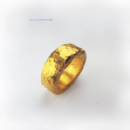 Custom Solid 24k 9999 Gold 15.5g Hammered Organic Uneven Ring Durable Wide 7mm Thick 3.5mm Hollow Inside Discount For 2