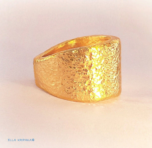 Custom Solid 24k 9999 Gold 35g Hammered Ancient Rome Ring Signet Durable Not Hollow Inside, Wide 20mm Thick 2mm