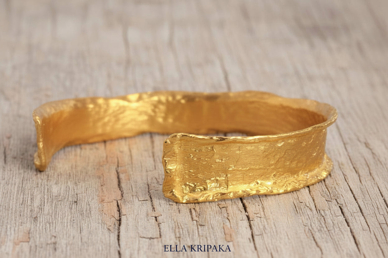 Organic Hammered 24k 9999 Gold 71g Cuff Bracelet 12mm Wavy Borders