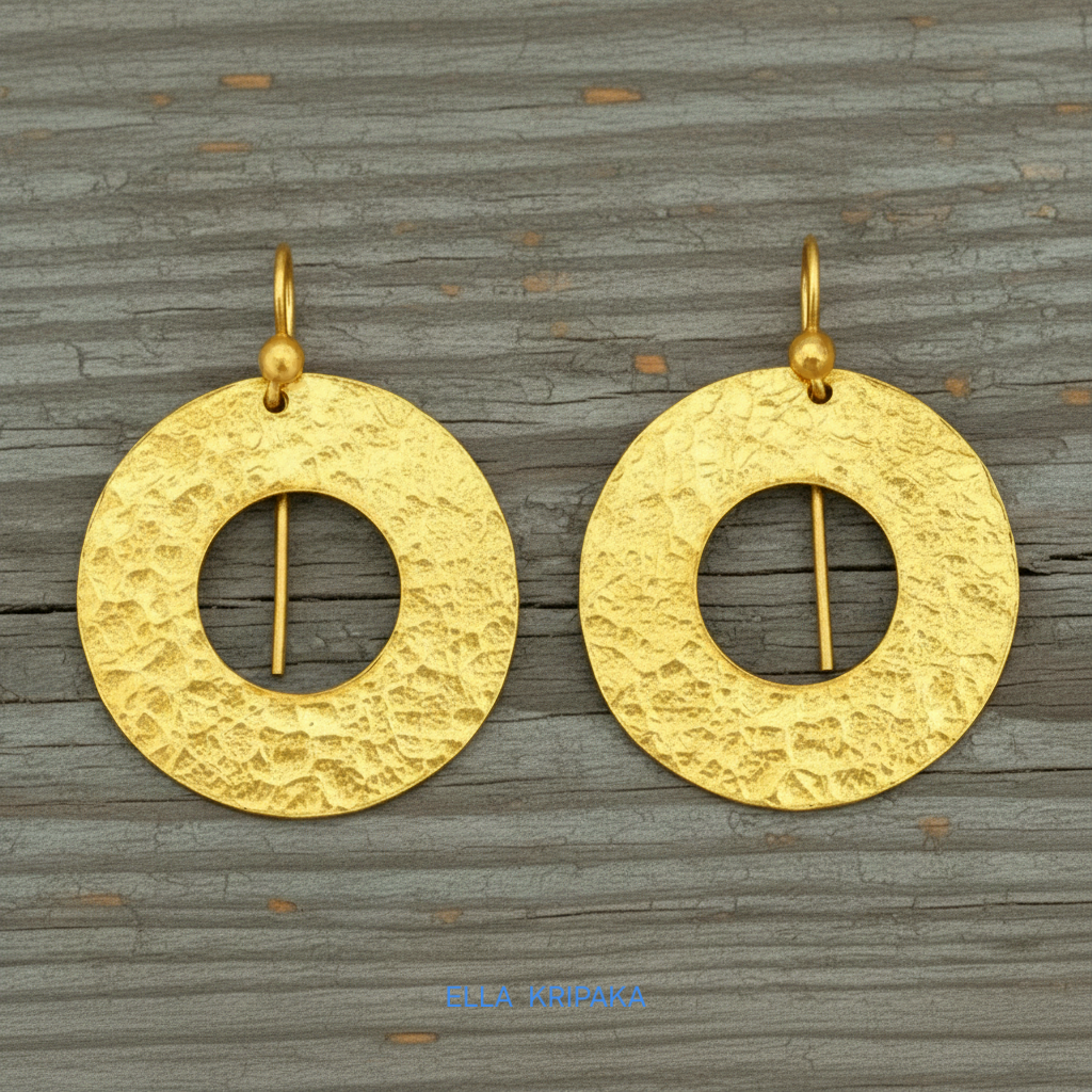 24k 9999 gold hammered hoops earrings Ancient Rome style with shiny gold textures are on old wooden background, artist-jeweler's name 'Ella Kripaka'
