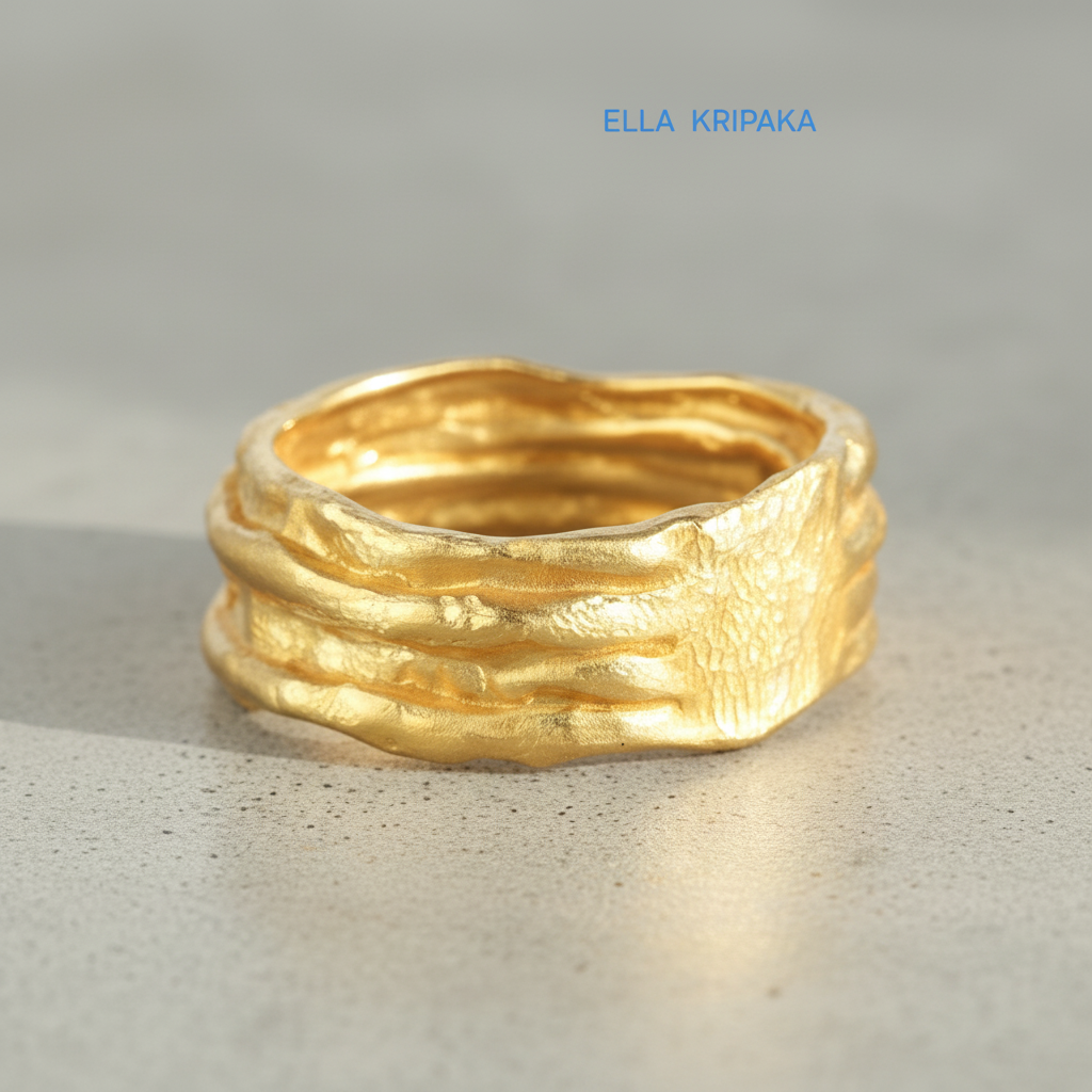 Organic hammered 24k 9999 gold convex ring with uneven thick edges on grey surface, artist-jeweler's name 'Ella Kripaka' is written in picture