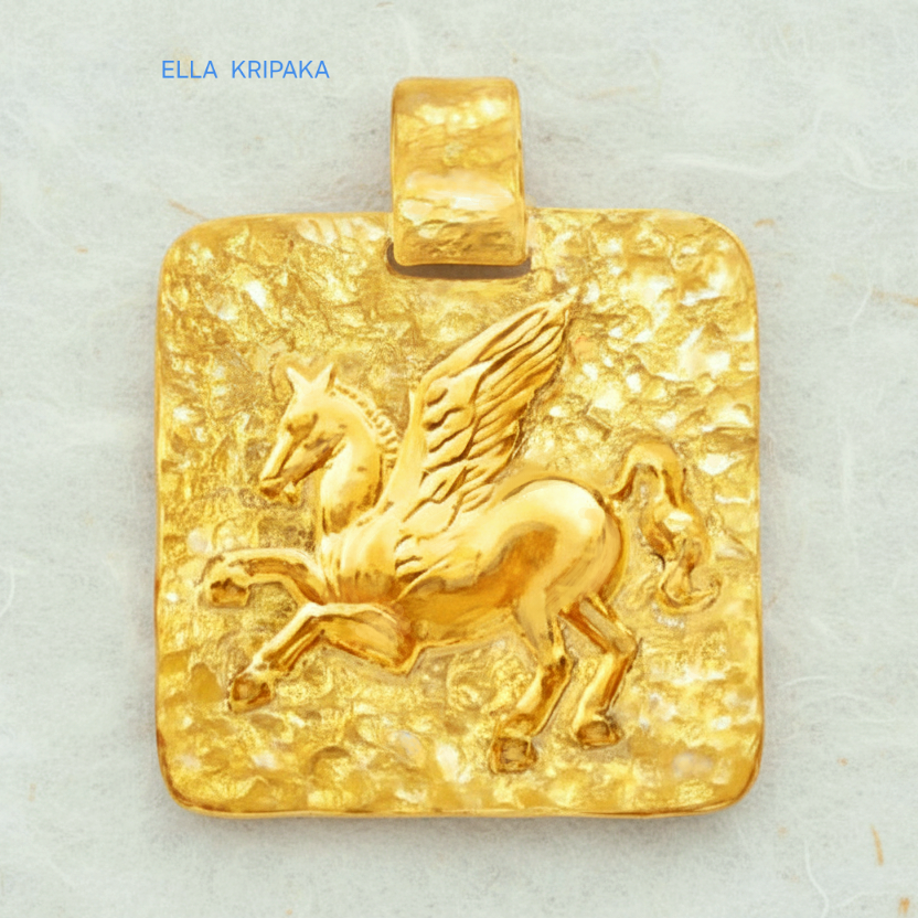 Hammered 24k Gold 9999 gold square pendant with convex Pegasus and with textured gold on white craft paper background, branded artist's name 'Ella Kripaka'