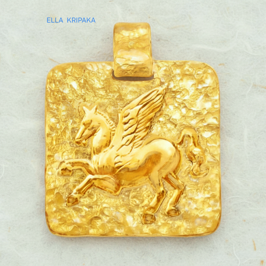Hammered 24k Gold 9999 gold square pendant with convex Pegasus and with textured gold on white craft paper background, branded artist's name 'Ella Kripaka'