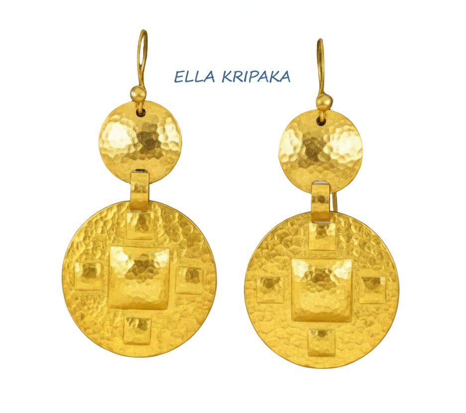 Solid 24k 9999 gold hammered Byzantine earrings with hook clasps and shiny forged gold textures on old wooden background , artist's name 'ELLA KRIPAKA'
