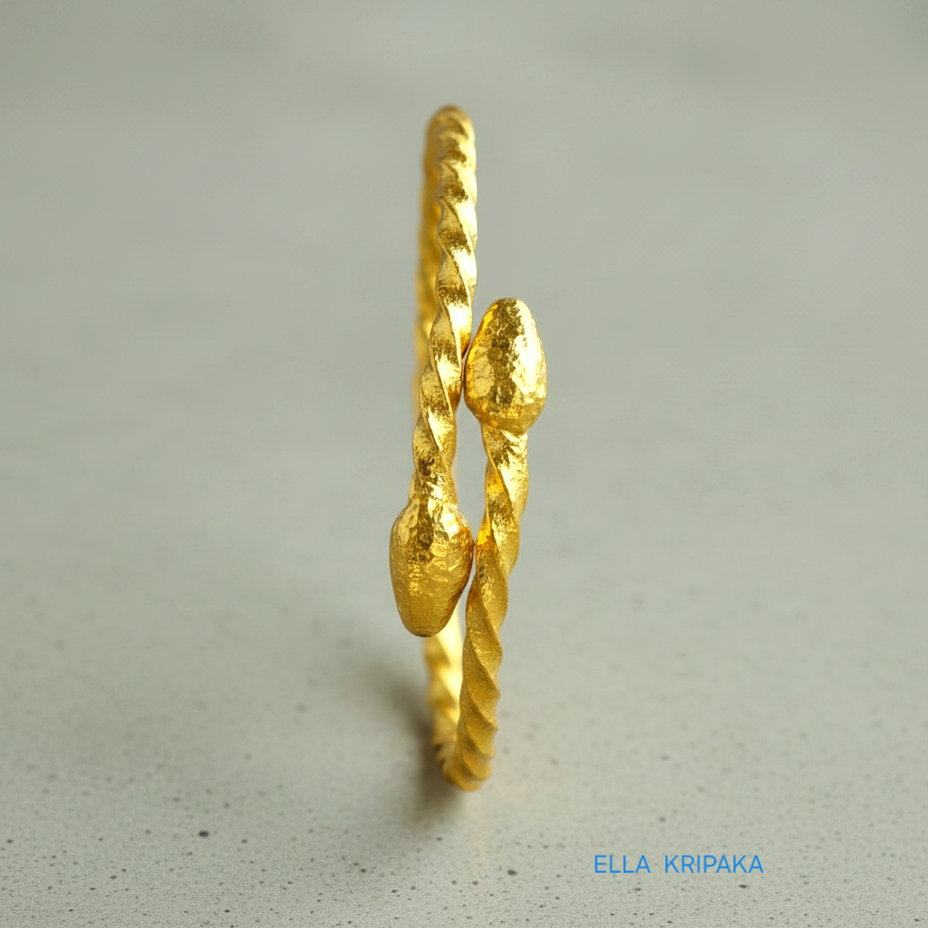 Twisted 24k gold hammered bracelet with thick ends and with textured design on concrete surface, branded artist-jeweler 'Ella Kripaka'