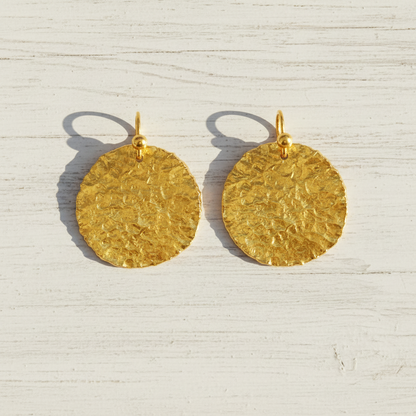 Hammered 24k 9999 Gold 10g &28.5g Organic Textures Disk Earrings