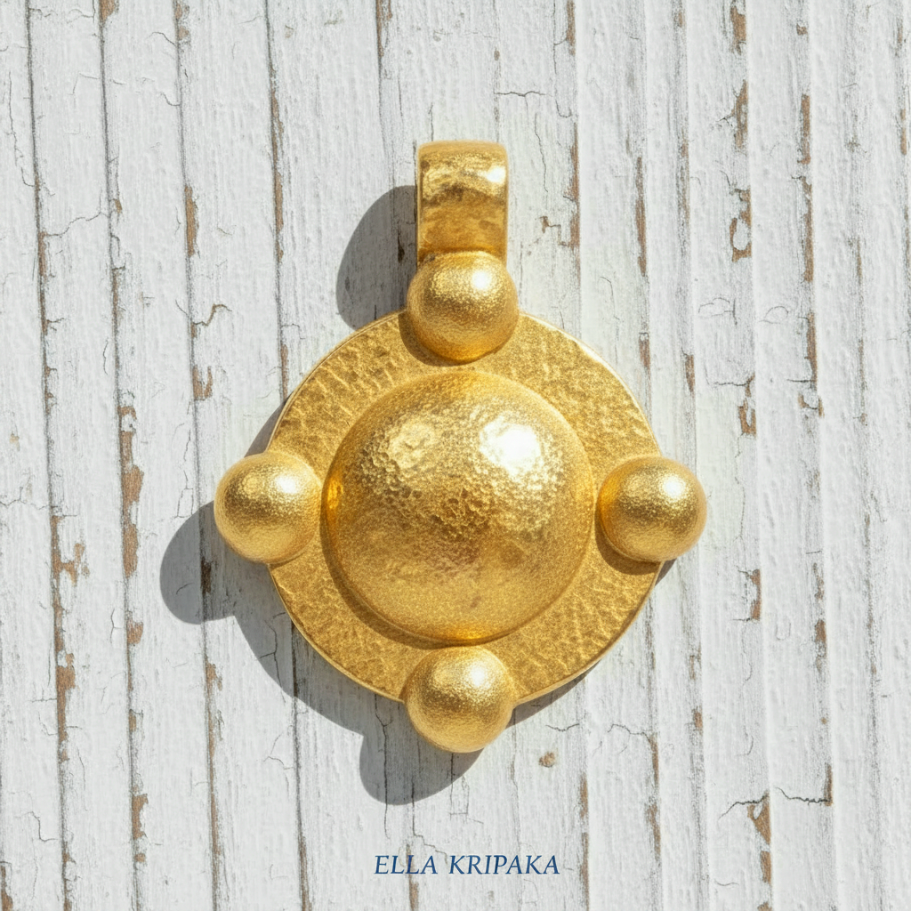 24k gold hammered dome disk with convex rounds textured pendant on white rustic wooden background, artist 'Ella Kripaka' branding