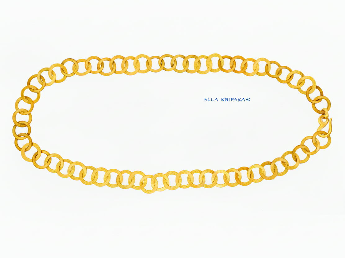 22k gold hammered chain necklace with thick hook clasp on a white background, artist-jeweler's name 'Ella Kripaka' branding
