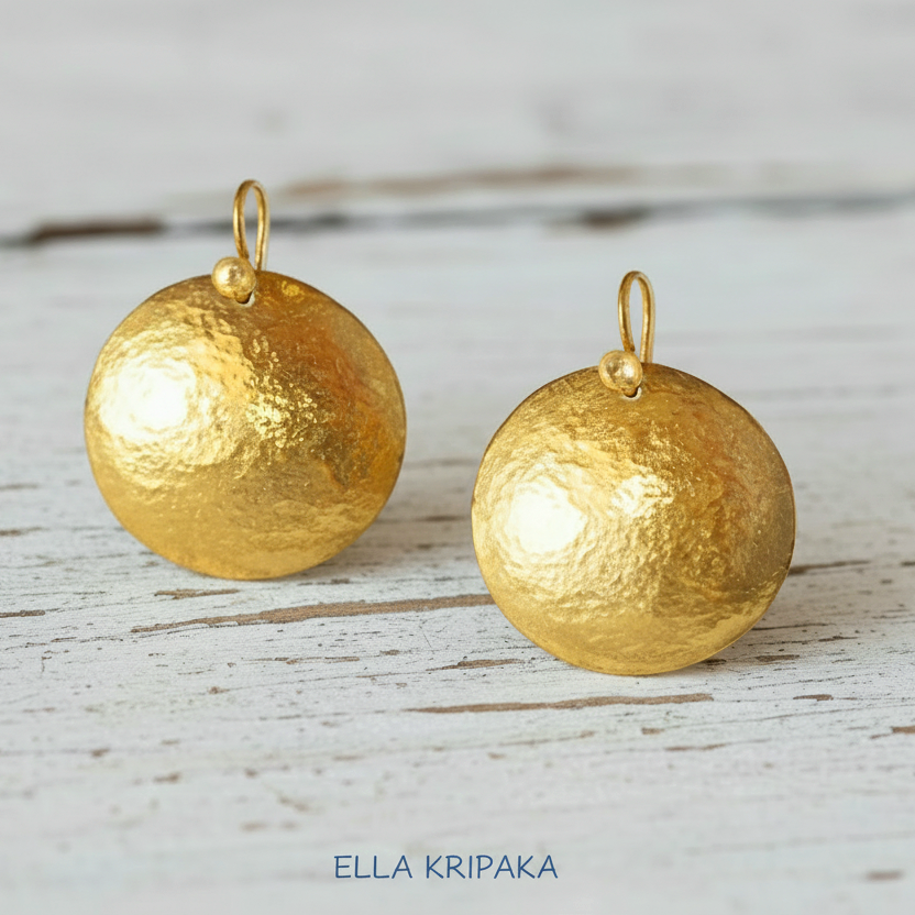 Hammered 24k 9999 Gold 11.2g &35g Ancient Rome Dome Disk Earrings