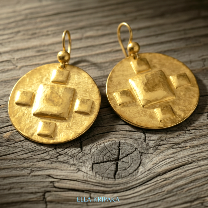Hammered 24k 9999 Gold Byzantine earrings on a old wooden background with 'Ella Kripaka' branding