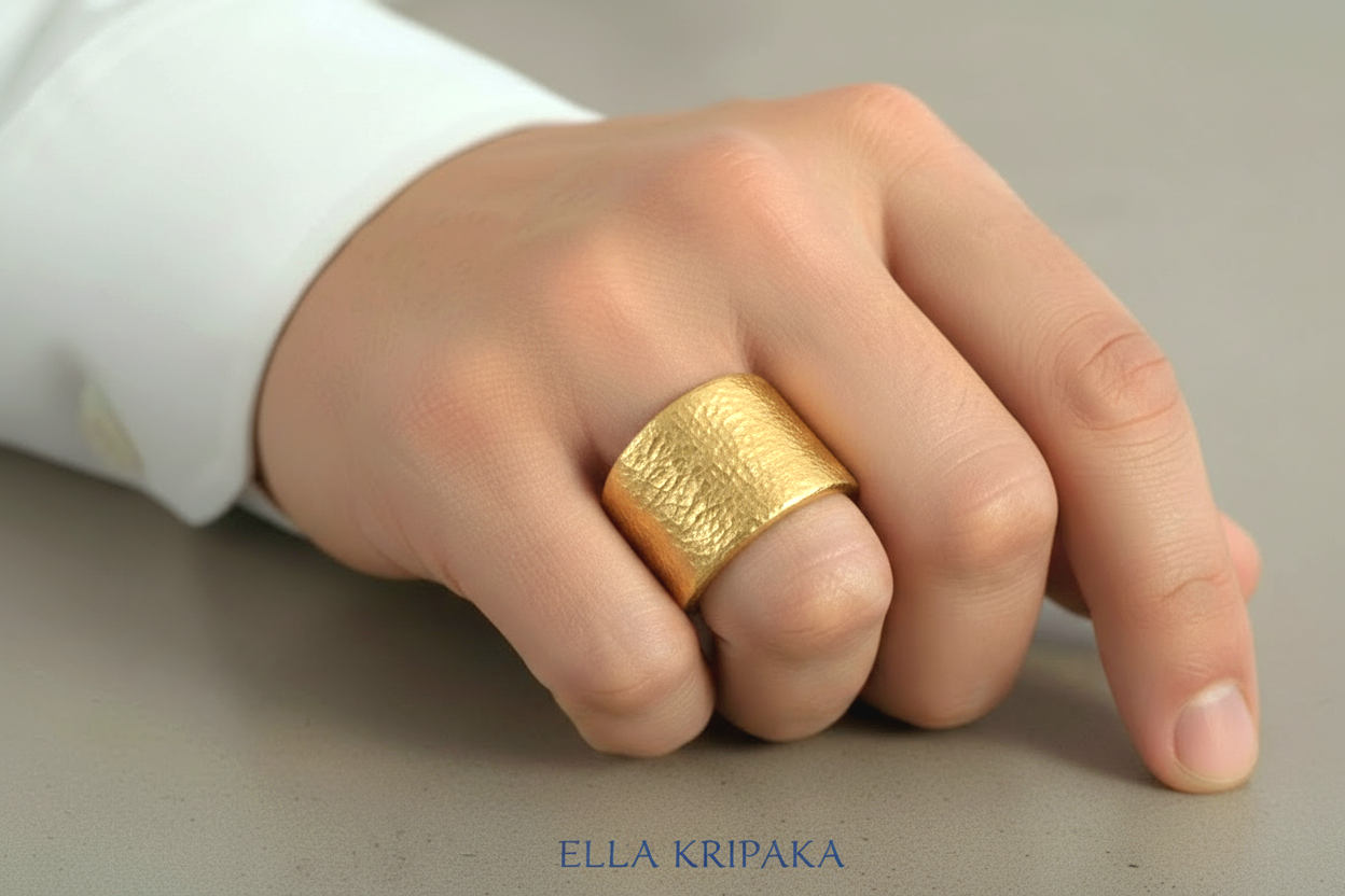 Hammered 24k Gold 9999 gold thick ring signet with textured gold worn on model's finger and on a grey neutral background, branded 'Ella Kripaka'