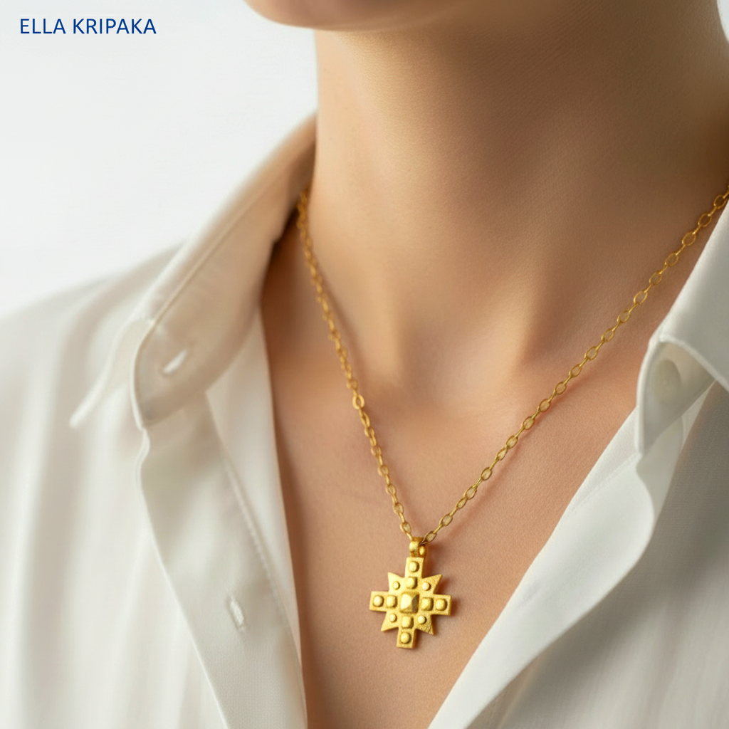 24k gold Byzantine cross pendant textured hammered with convex pattern and with gold chain is worn by a model in white shirt and on light background, with 'Ella Kripaka' branding