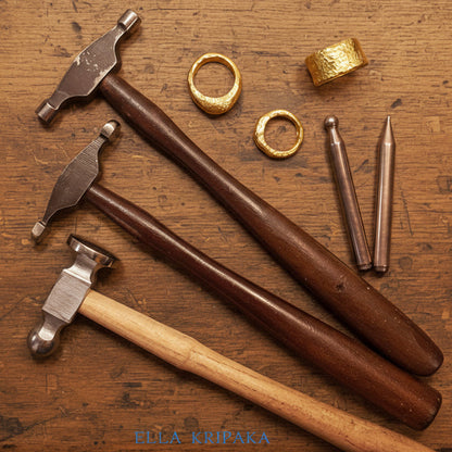 Hammered organic 24k Gold 9999 gold  thick rings with jewelry hammers and tools on an old wooden  background, branded 'Ella Kripaka'