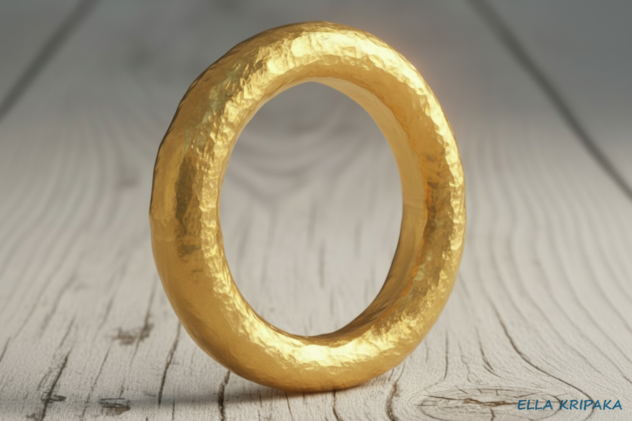 Hammered 24k 9999 Gold ring thick Ancient Rome style on old white wooden surface, artist-jeweler's name 'Ella Kripaka' branding