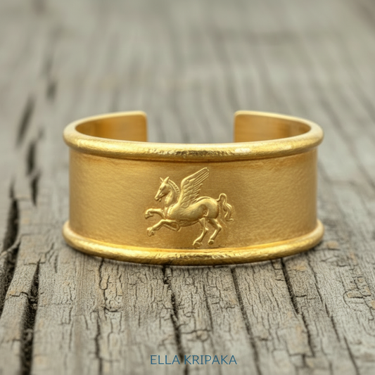 24k 9999 gold hammered Ancient Rome bracelet cuff with convex Pegasus on old wooden background, indicating it is a custom-made jewelry with creator's name 'Ella Kripaka'
