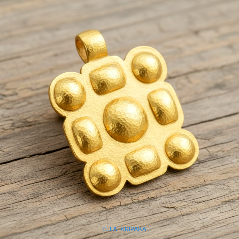 Hammered 24k gold square pendant with convex pattern on brown rustic wooden surface with 'Ella Kripaka' branding