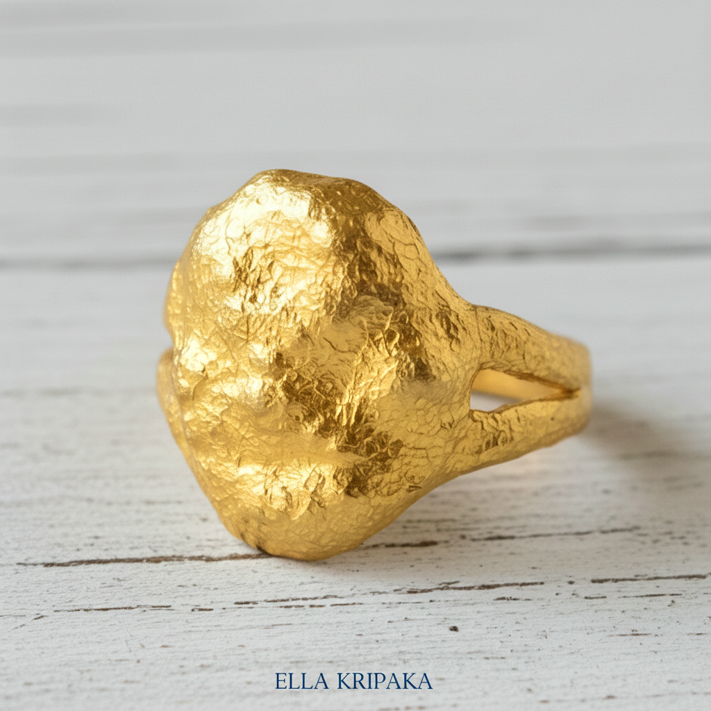Organic 24k gold ring with textured uneven design on a light rustic wooden surface, branded 'Ella Kripaka'